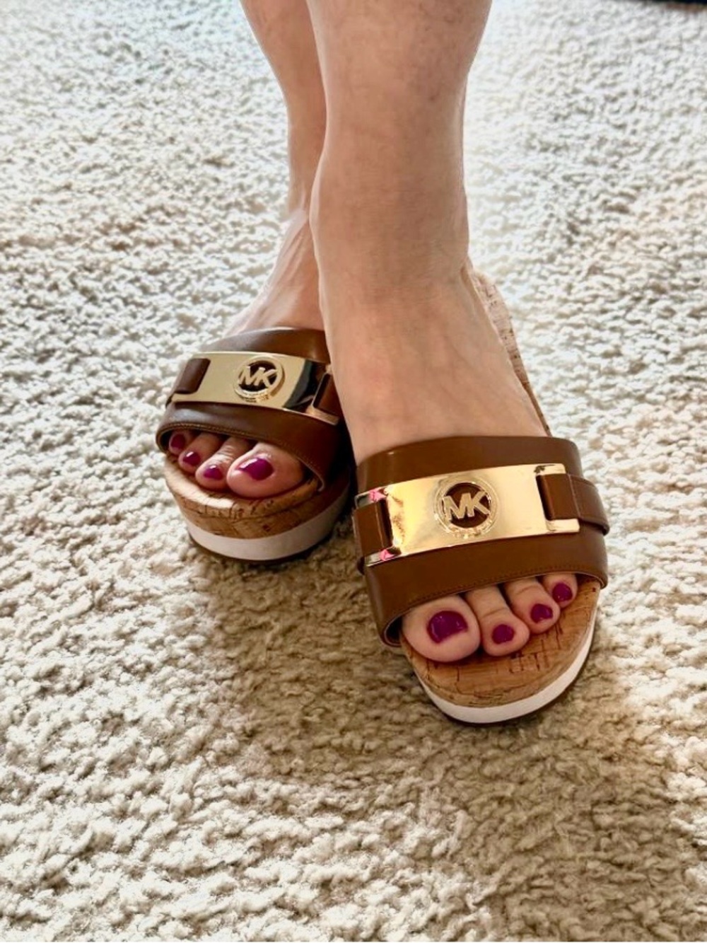 Michael Kors Brown Slide Sandals with Gold MK Accent